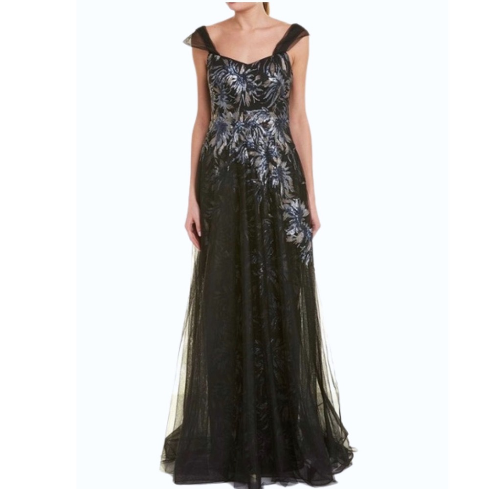 Teri Jon Ricke Freeman Black Tulle Layered Blue Sequin Floral Gown Dress Size 10